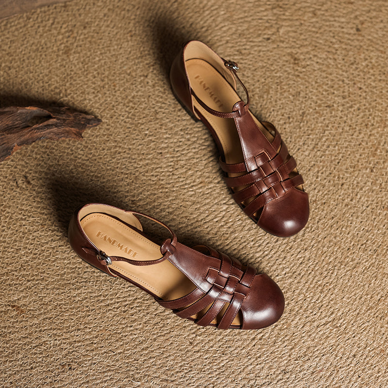 Womens Handmade Retro Woven Leather Fisherman Sandals Vintage T-Strap Mary Jane Flats