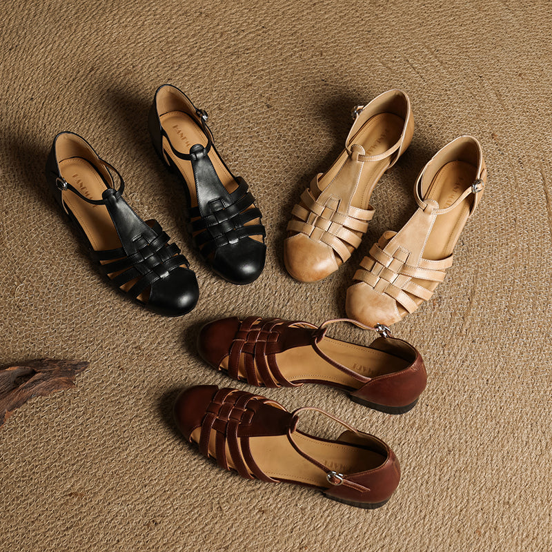 Womens Handmade Retro Woven Leather Fisherman Sandals Vintage T-Strap Mary Jane Flats