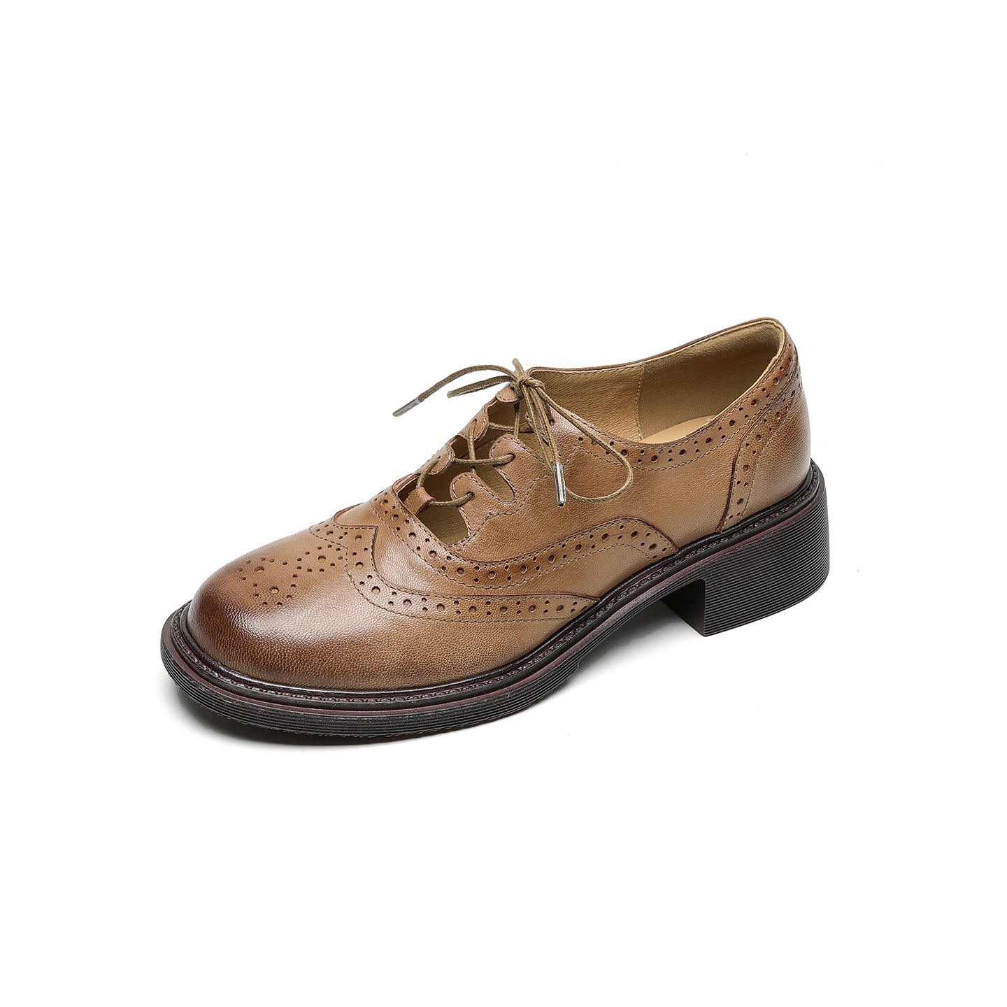 Women's Retro Cowhide Brogues Vintage Round Toe Cutout Lace-up Block Heel Oxfords