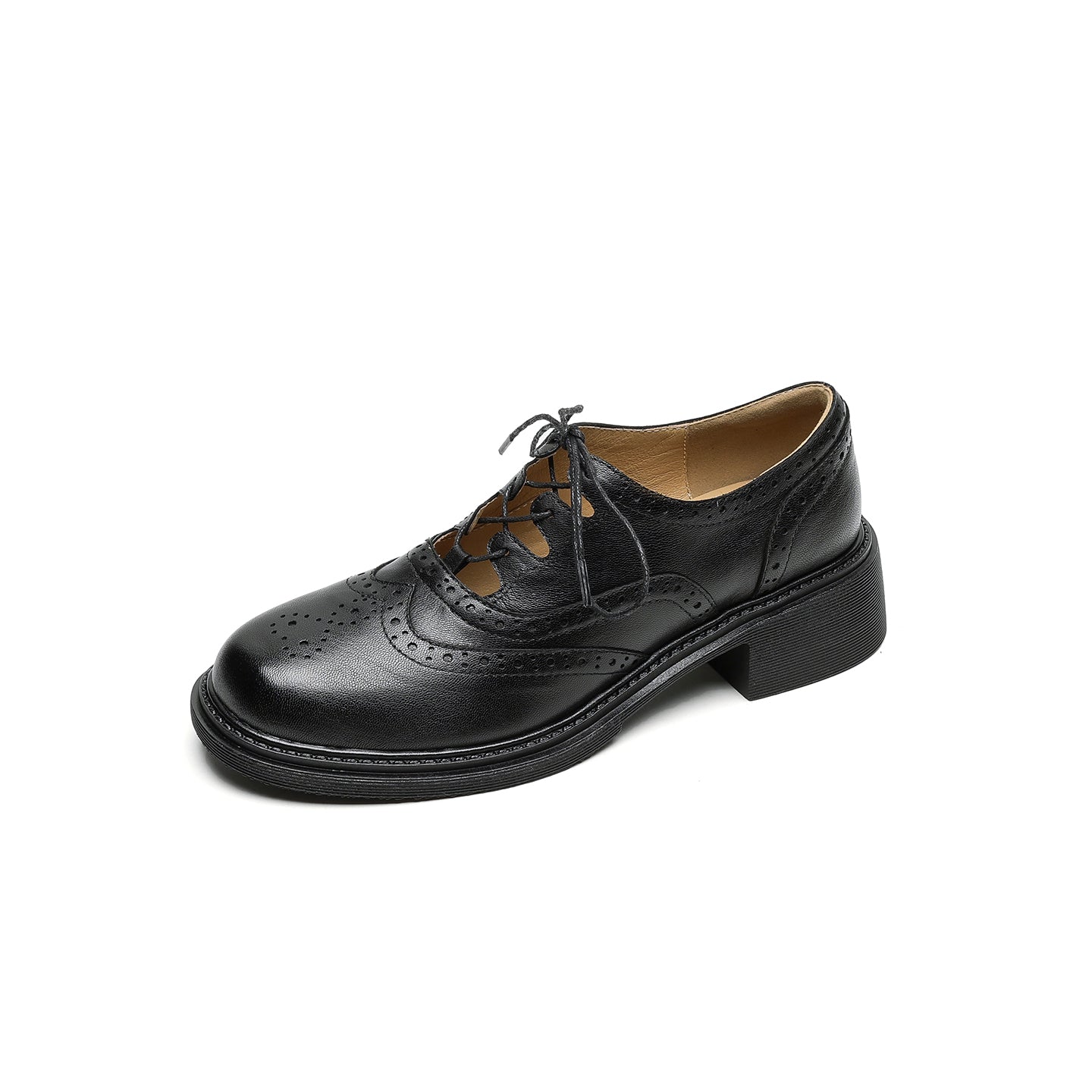 Women's Retro Cowhide Brogues Vintage Round Toe Cutout Lace-up Block Heel Oxfords
