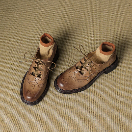 Women's Retro Cowhide Brogues Vintage Round Toe Cutout Lace-up Block Heel Oxfords
