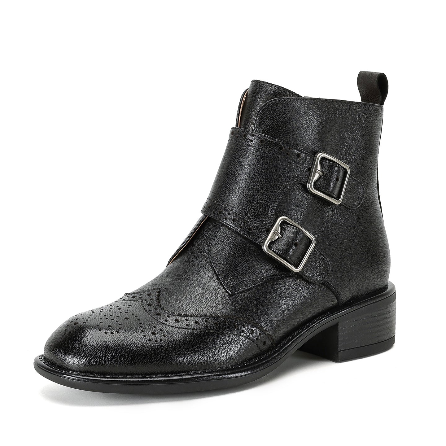 Women's Retro Cowhide Ankle Boots Vintage Brogue Round Toe Double Buckle Zipper Booties