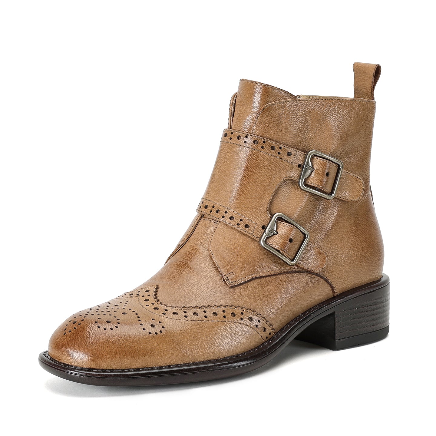 Women's Retro Cowhide Ankle Boots Vintage Brogue Round Toe Double Buckle Zipper Booties