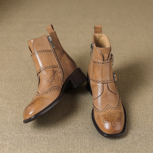 Women's Retro Cowhide Ankle Boots Vintage Brogue Round Toe Double Buckle Zipper Booties