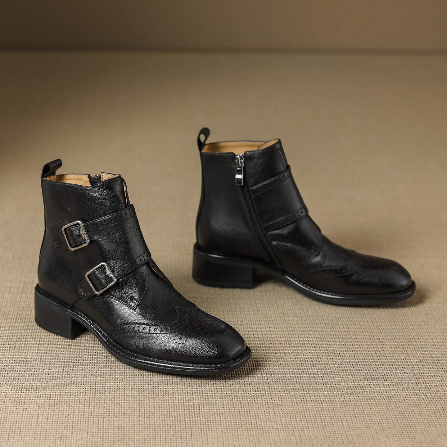 Women's Retro Cowhide Ankle Boots Vintage Brogue Round Toe Double Buckle Zipper Booties