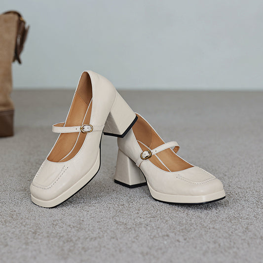 Handmade Sheepskin Mary Jane Pumps - Women's Platform Preppy style Chunky High Heels