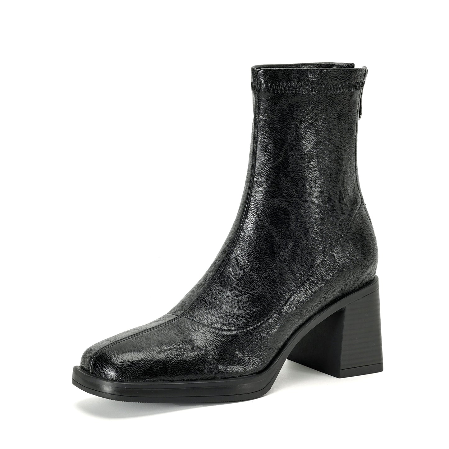 Women's Stretch Leather Sock Ankle Boots Square Toe Block High Heel Sock Booties Zipper