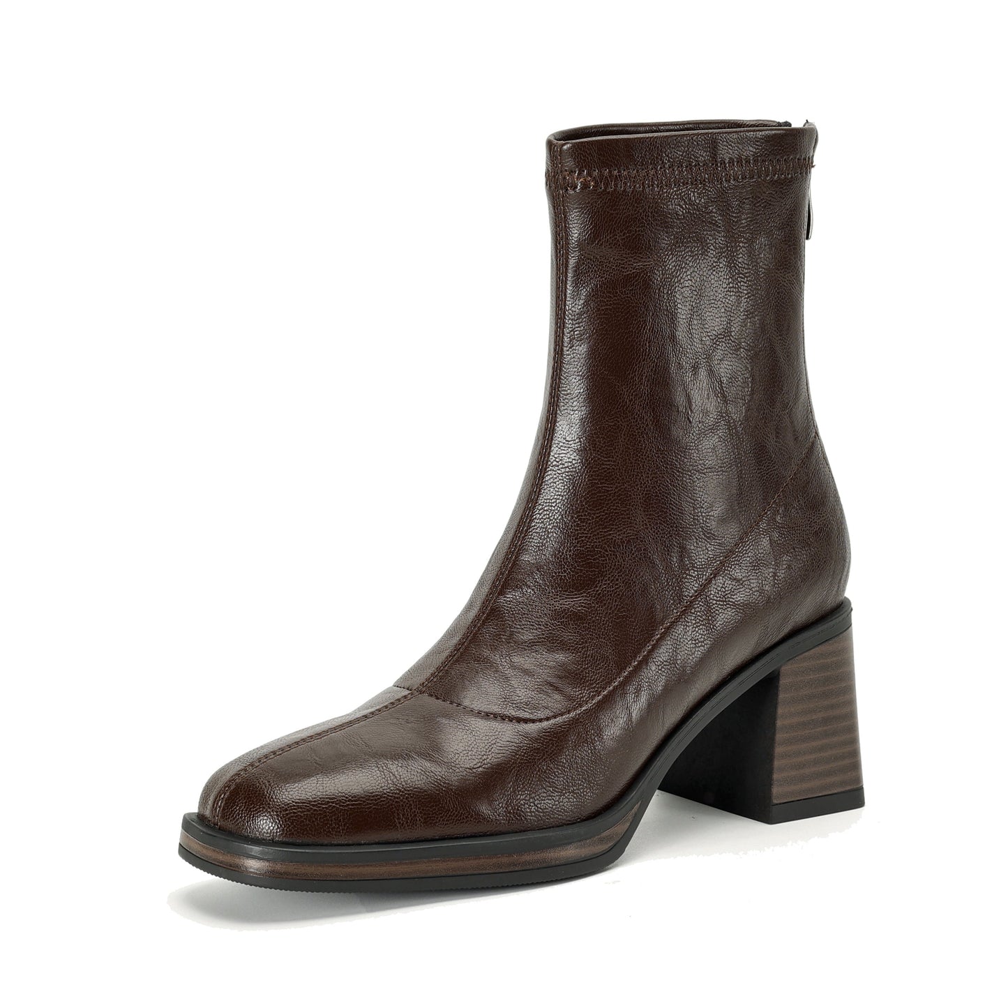 Women's Stretch Leather Sock Ankle Boots Square Toe Block High Heel Sock Booties Zipper