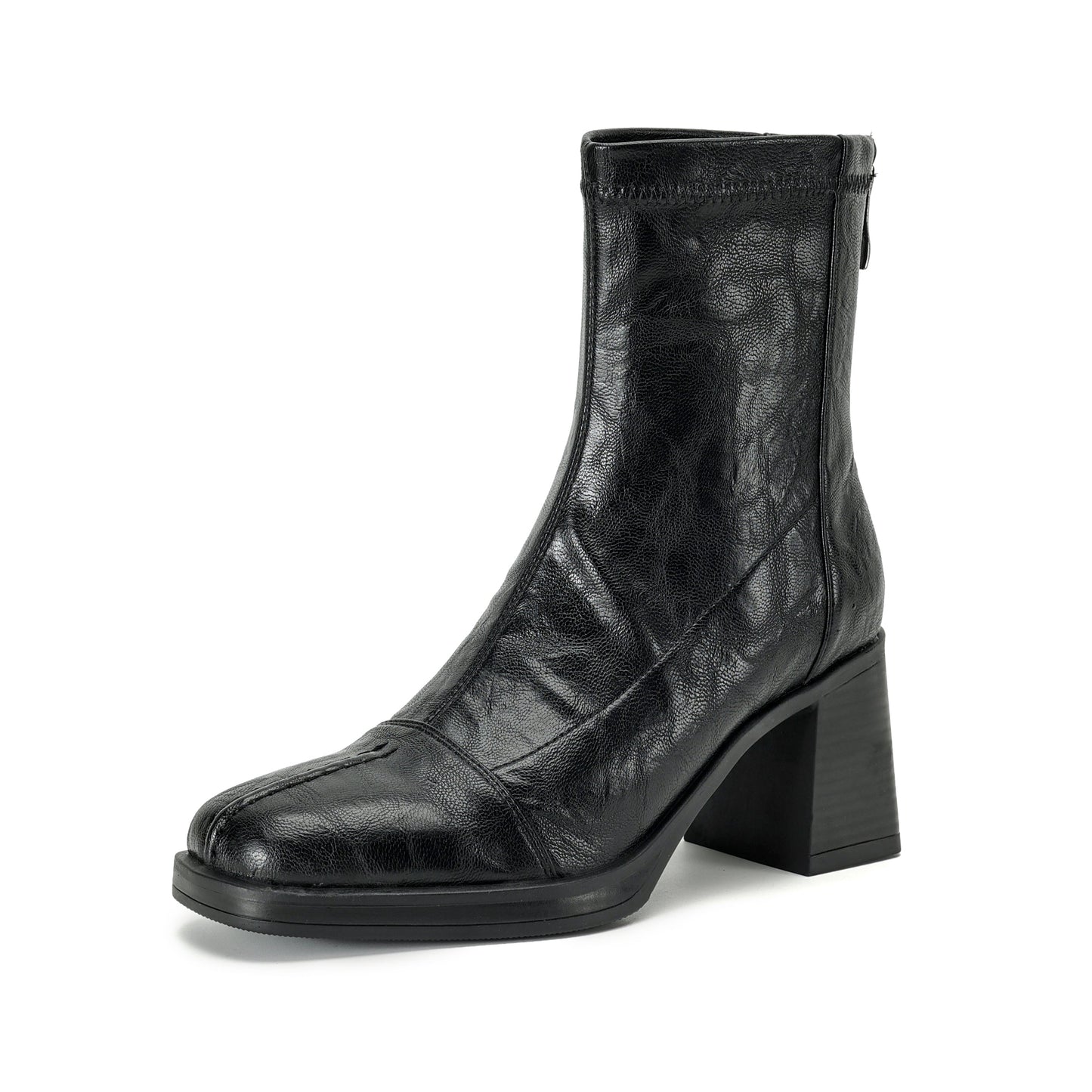 Women's Stretch Leather Sock Boots Fall Winter Square Toe Chunky High Heel Boots