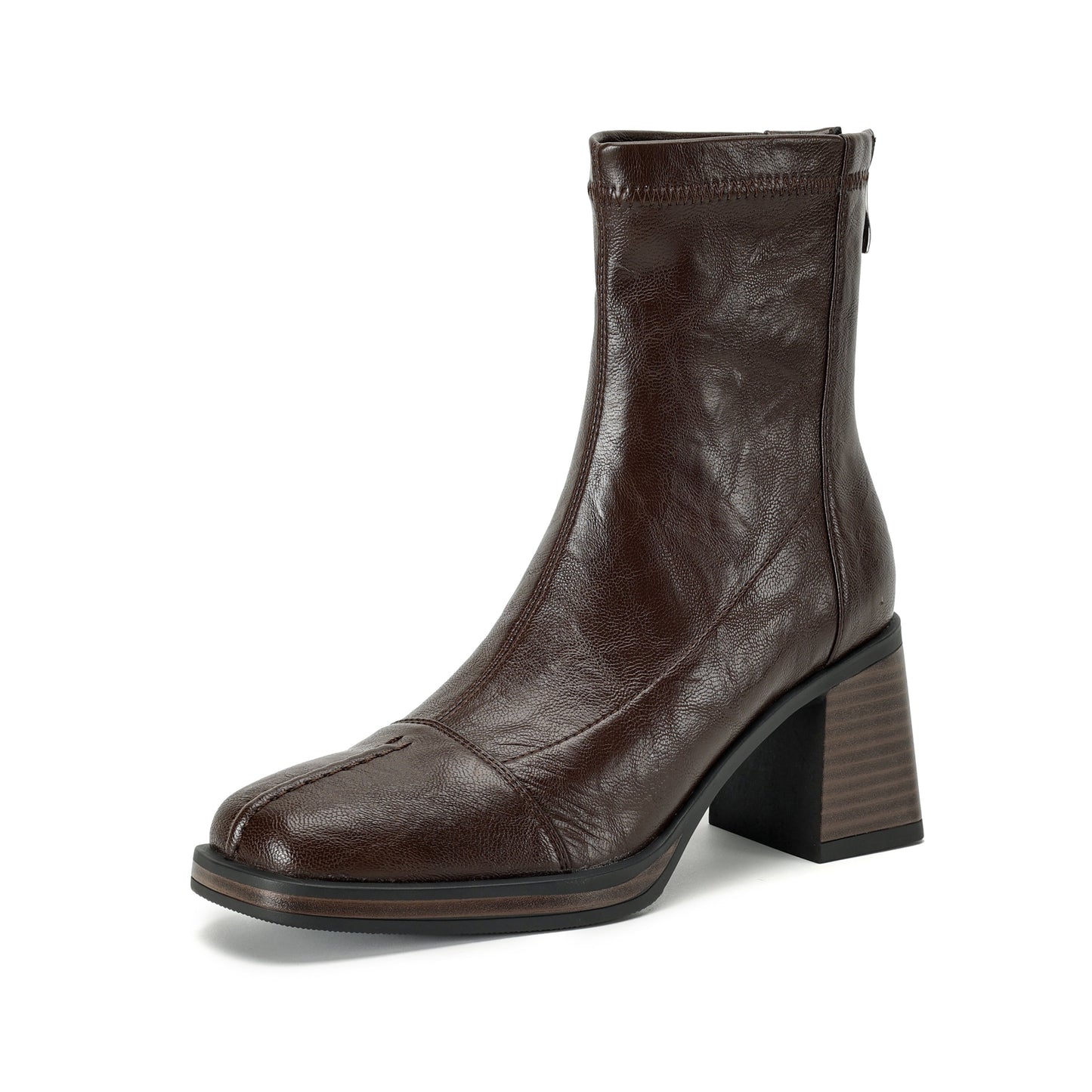 Women's Stretch Leather Sock Boots Fall Winter Square Toe Chunky High Heel Boots
