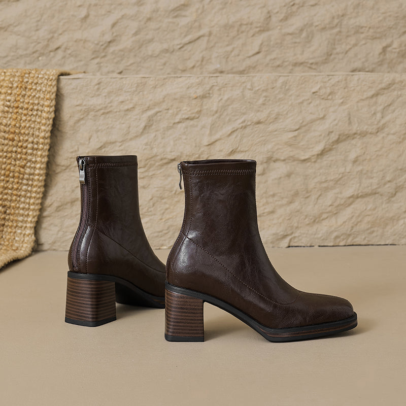 Women's Stretch Leather Sock Ankle Boots Square Toe Block High Heel Sock Booties Zipper