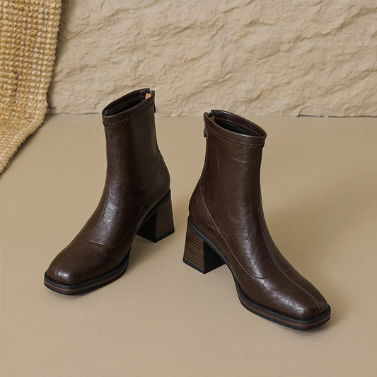 Women's Stretch Leather Sock Ankle Boots Square Toe Block High Heel Sock Booties Zipper