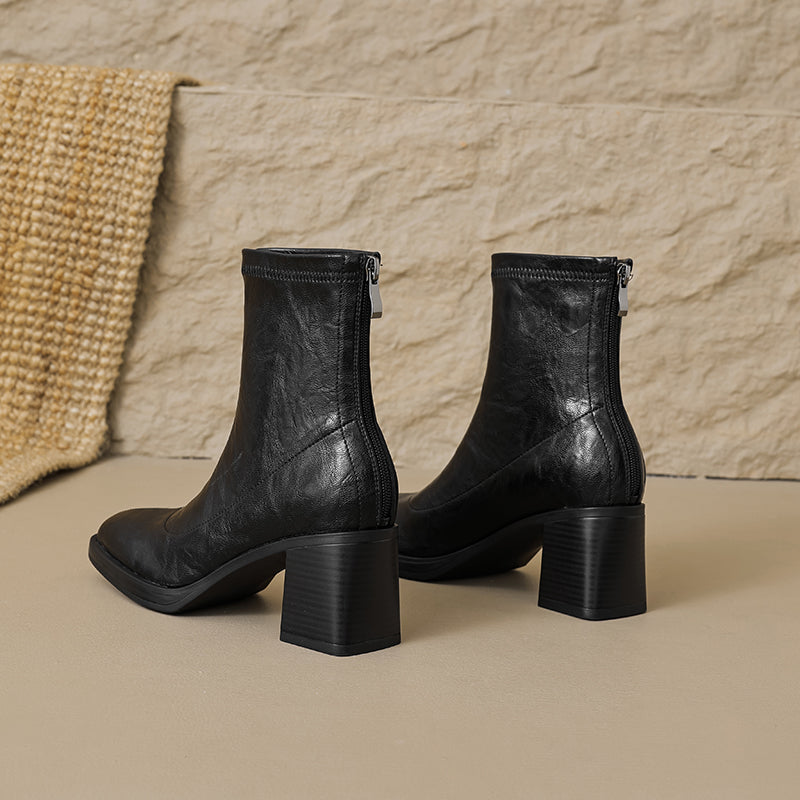 Women's Stretch Leather Sock Ankle Boots Square Toe Block High Heel Sock Booties Zipper