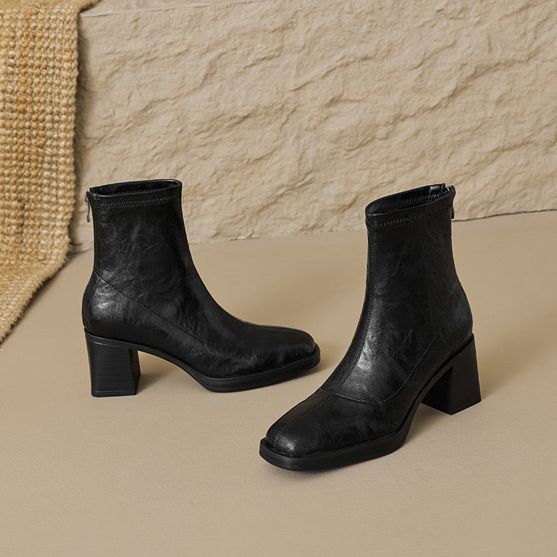 Women's Stretch Leather Sock Ankle Boots Square Toe Block High Heel Sock Booties Zipper