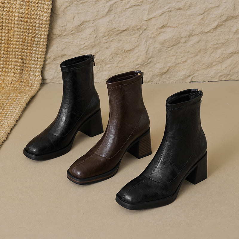 Women's Stretch Leather Sock Ankle Boots Square Toe Block High Heel Sock Booties Zipper