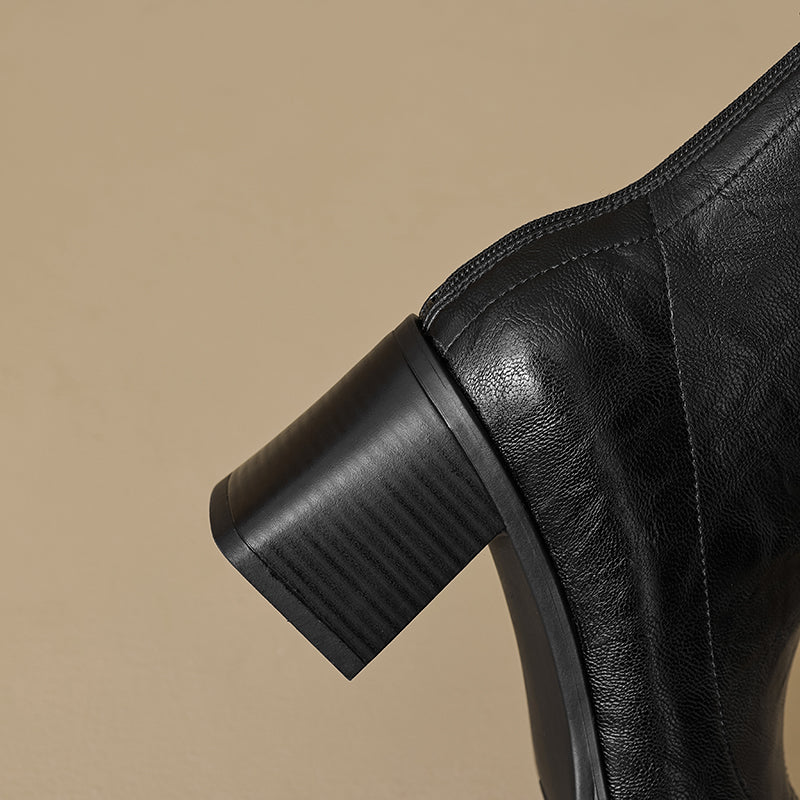 Women's Stretch Leather Sock Ankle Boots Square Toe Block High Heel Sock Booties Zipper