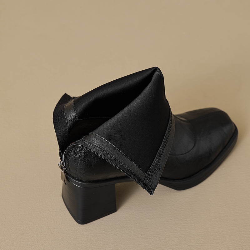 Women's Stretch Leather Sock Ankle Boots Square Toe Block High Heel Sock Booties Zipper