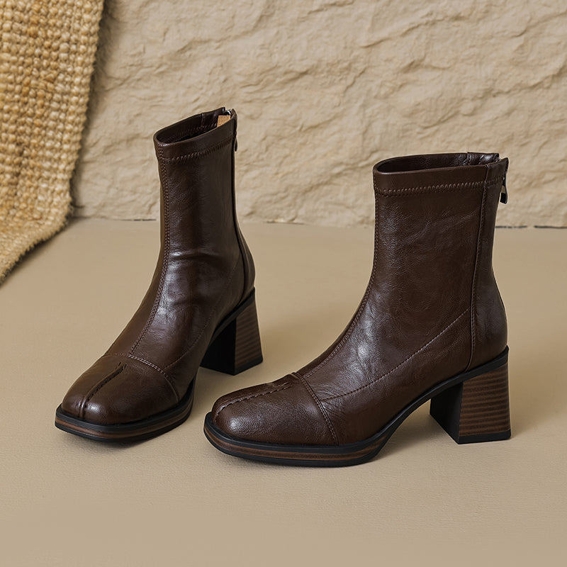 Women's Stretch Leather Sock Boots Fall Winter Square Toe Chunky High Heel Boots
