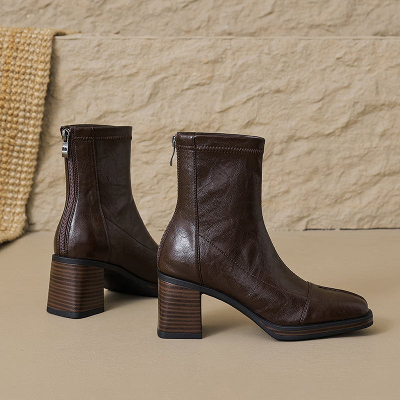 Women's Stretch Leather Sock Boots Fall Winter Square Toe Chunky High Heel Boots