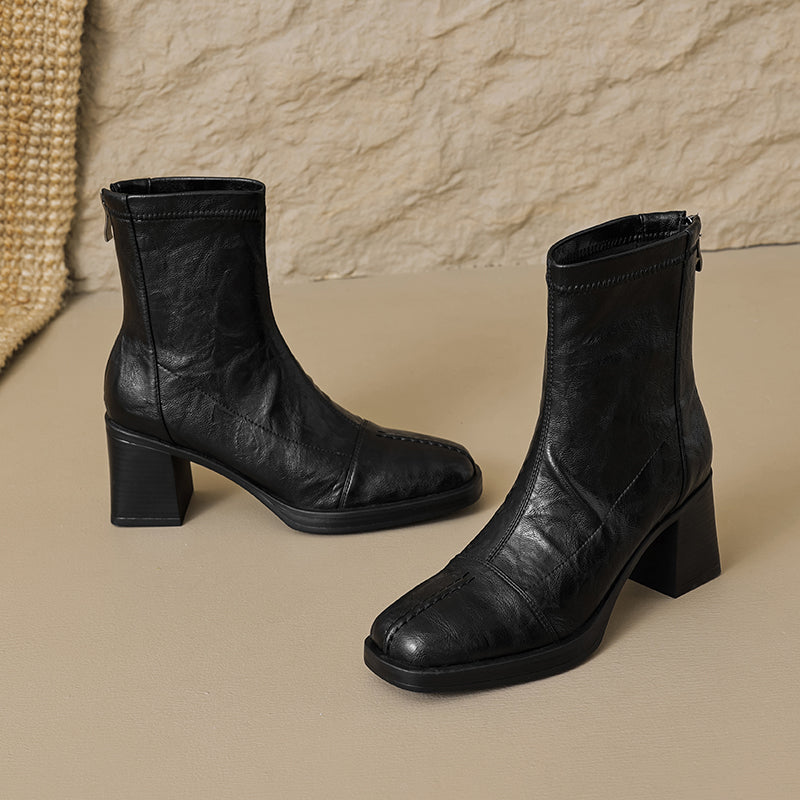 Women's Stretch Leather Sock Boots Fall Winter Square Toe Chunky High Heel Boots