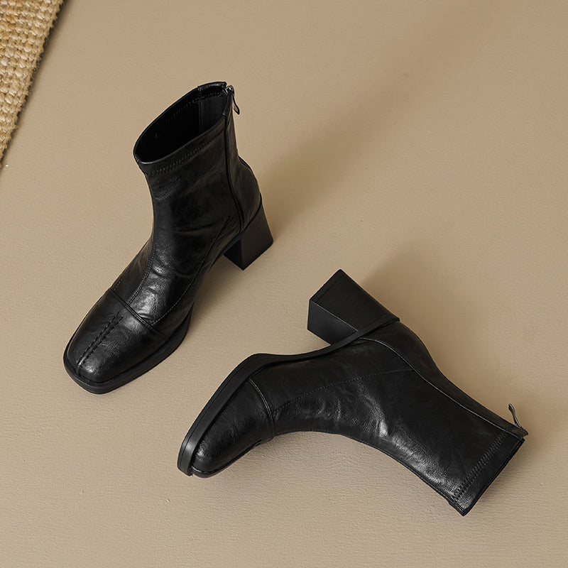 Women's Stretch Leather Sock Boots Fall Winter Square Toe Chunky High Heel Boots