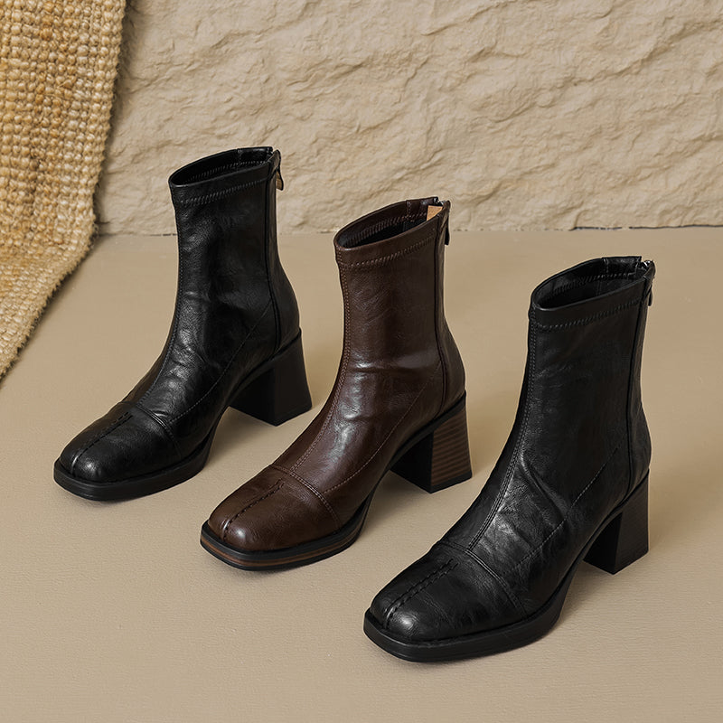 Women's Stretch Leather Sock Boots Fall Winter Square Toe Chunky High Heel Boots