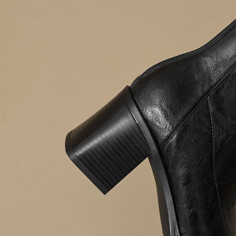 Women's Stretch Leather Sock Boots Fall Winter Square Toe Chunky High Heel Boots