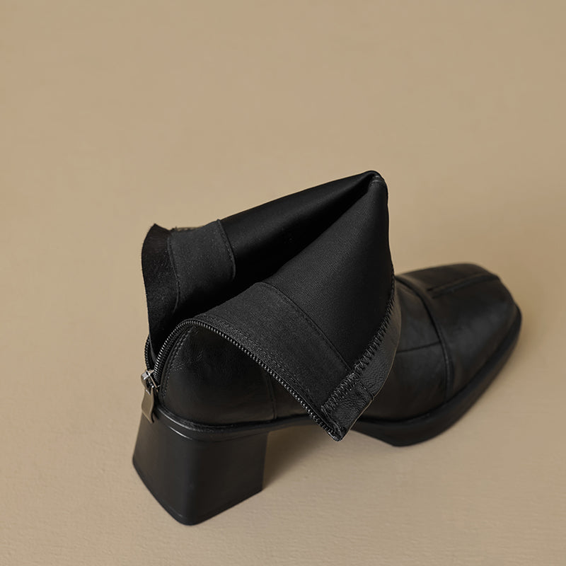Women's Stretch Leather Sock Boots Fall Winter Square Toe Chunky High Heel Boots