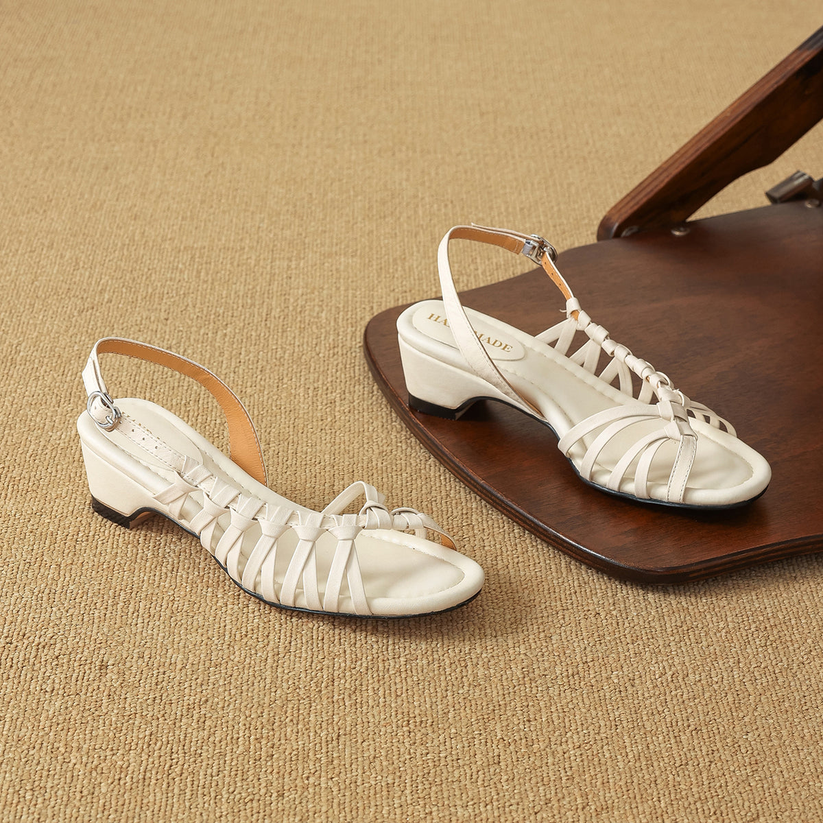 Women's Woven Genuine Leather Slingback Sandals Mid Block Heel Dress Shoes