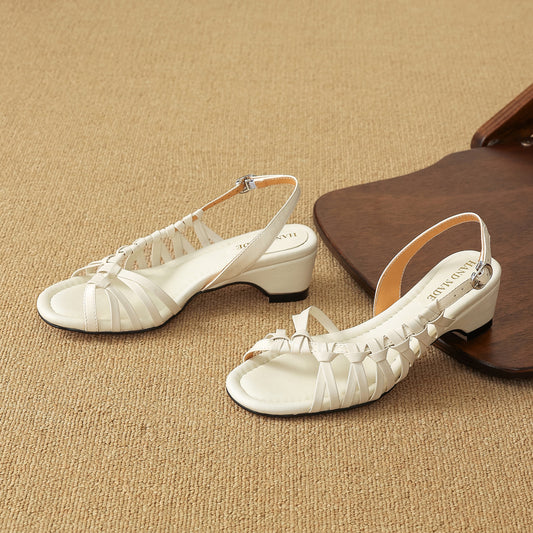 Women's Woven Genuine Leather Slingback Sandals Mid Block Heel Dress Shoes