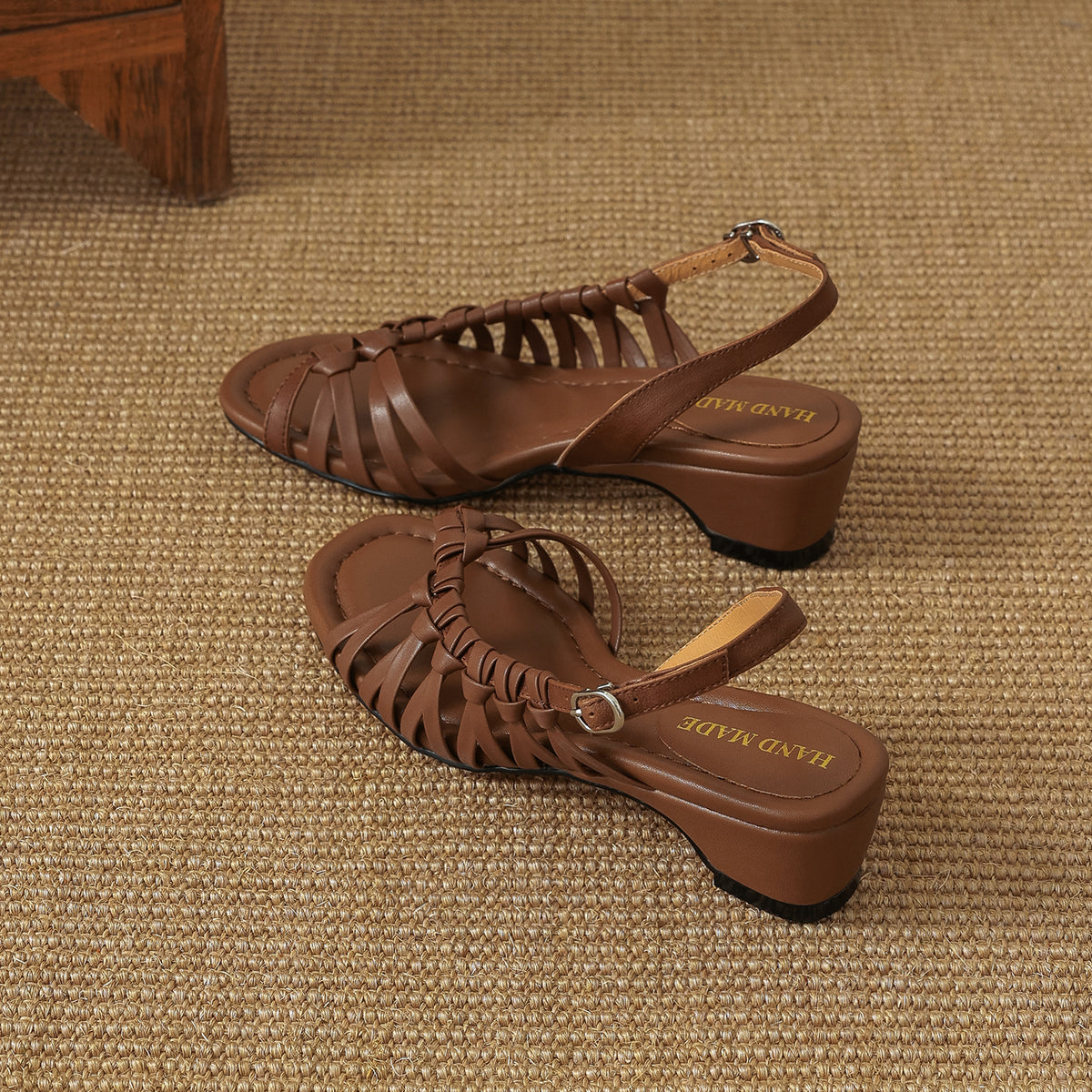Women's Woven Genuine Leather Slingback Sandals Mid Block Heel Dress Shoes