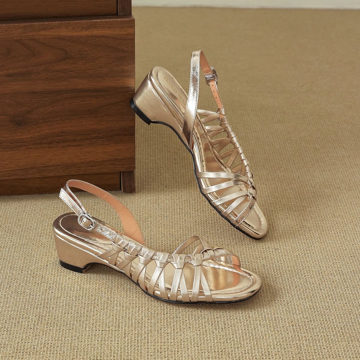 Women's Woven Genuine Leather Slingback Sandals Mid Block Heel Dress Shoes