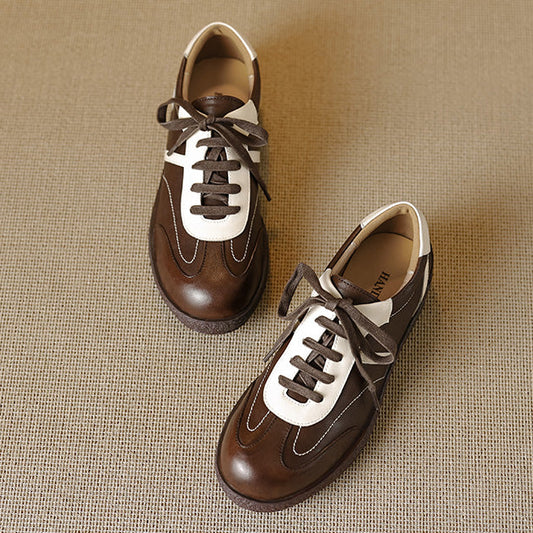 Women's Washed Horse Leather Sneakers - Vintage GAT Style Contrast Lace-up