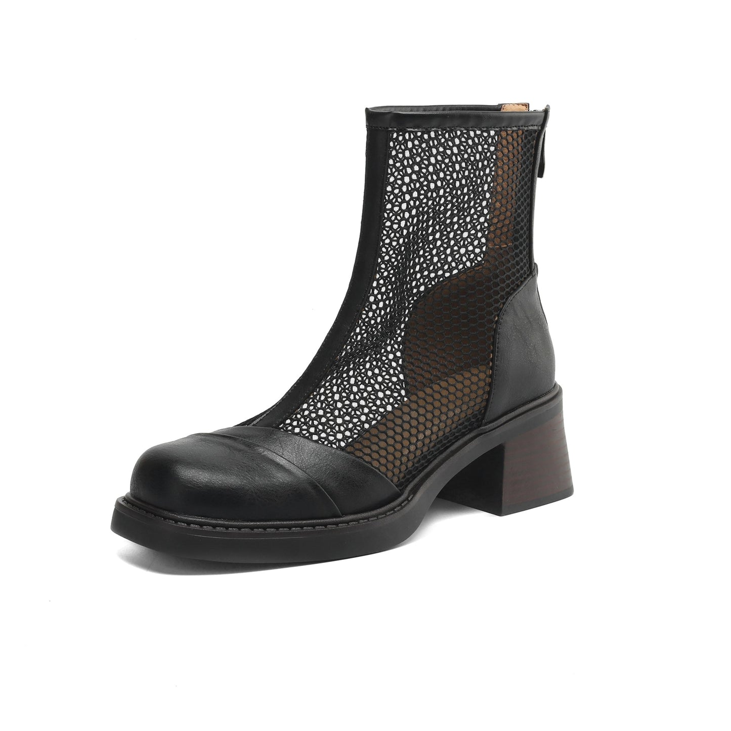 Women's Summer Square Toe Leather Platform Chunky Heeled Mesh Boots