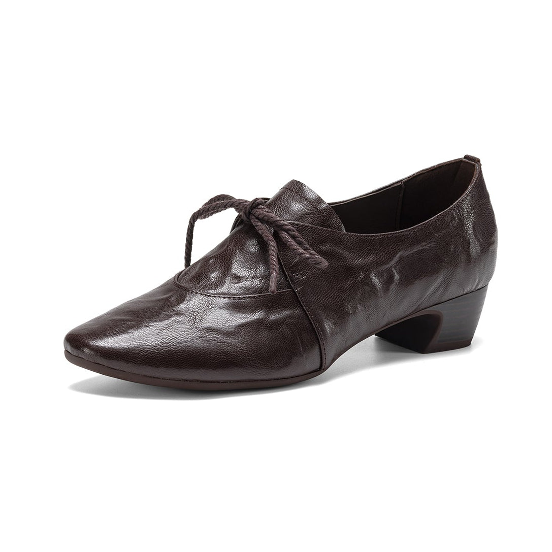 Artisanal Pointed Toe Leather Shoes - Sheepskin Lace-Up Pumps - Stable Mid-Heel Professional Footwear