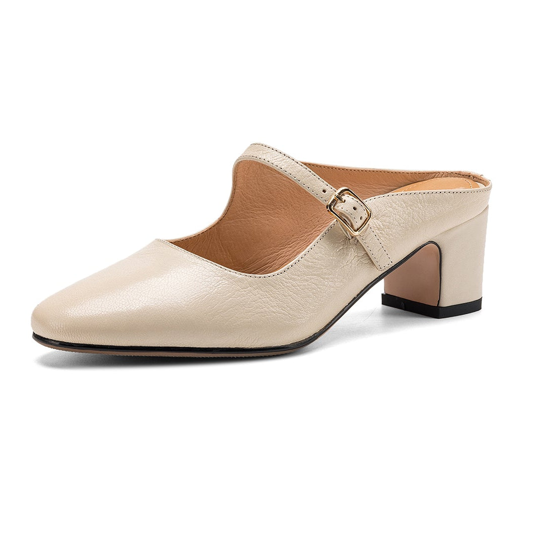 Women's Sheepskin Mary Jane Mules - 5.5cm Chunky Block Heel Adjustable Buckle Strap