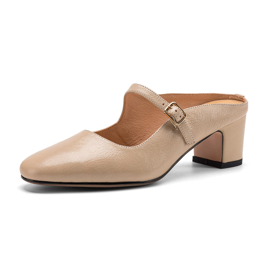 Women's Sheepskin Mary Jane Mules - 5.5cm Chunky Block Heel Adjustable Buckle Strap