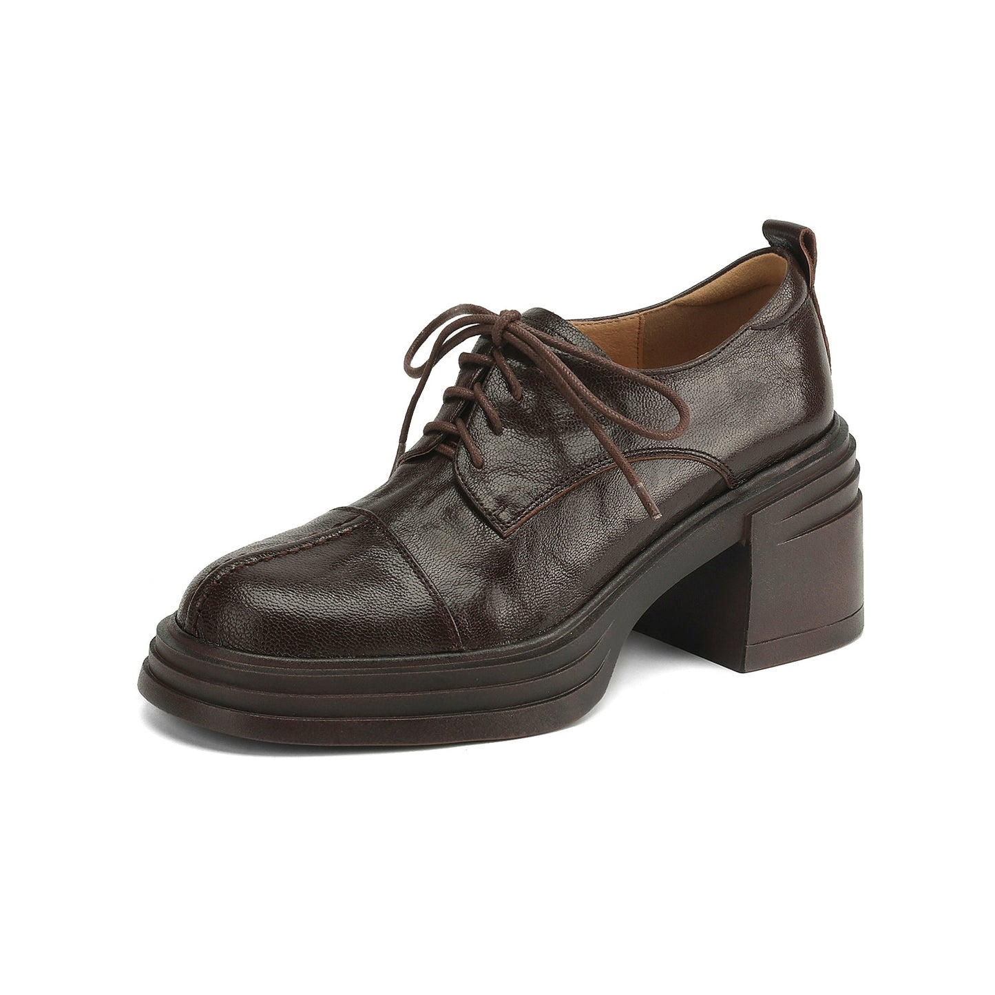 Women's Retro Leather Oxford Shoes Vintage Round Toe Platform Chunky High Heels