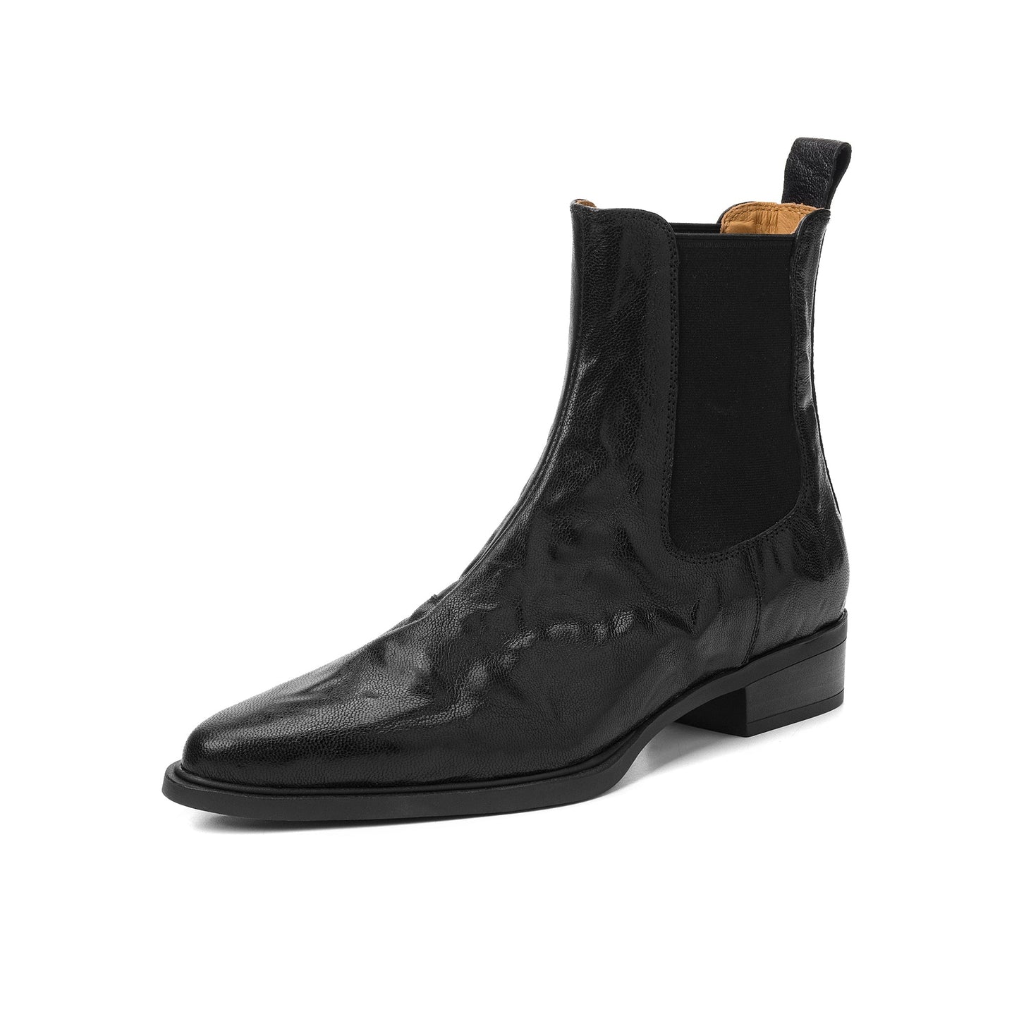 Women's Wrinkled Leather Chelsea Boots Pointed Toe Soft Sheepskin Elastic Slip-on Ankle Booties