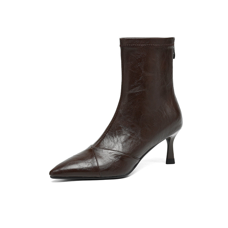 Women's Stretch Leather Ankle Boots Pointed Toe Kitten Stiletto High Heel Sock Booties