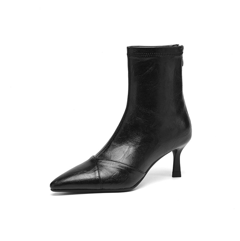 Women's Stretch Leather Ankle Boots Pointed Toe Kitten Stiletto High Heel Sock Booties
