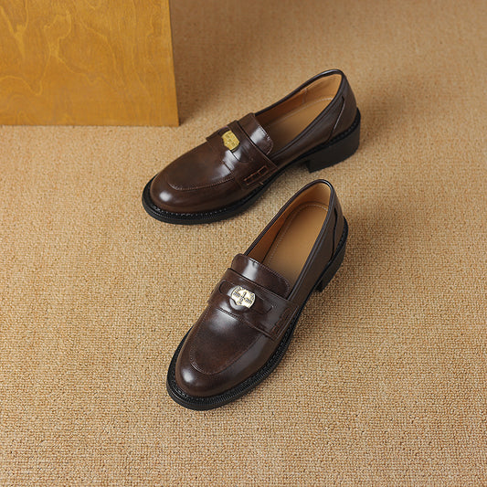 Women's Handmade Leather Classic British Style Gold Coin Loafers