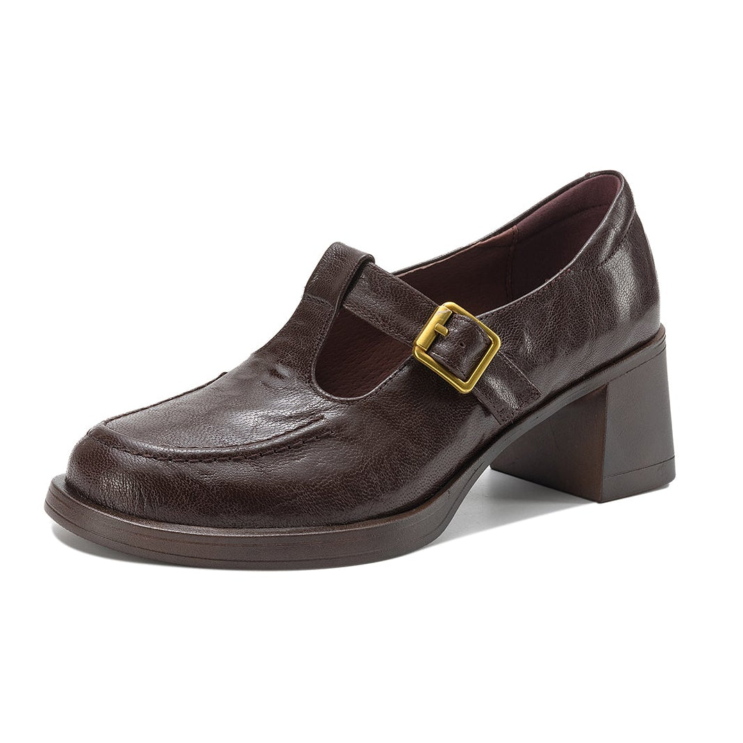 Elegant T-Strap Leather Heels - Soft Sheepskin High-Heel Mary Janes - Professional Shoes