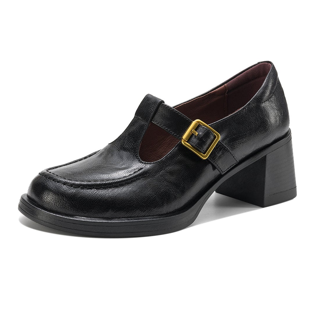 Elegant T-Strap Leather Heels - Soft Sheepskin High-Heel Mary Janes - Professional Shoes