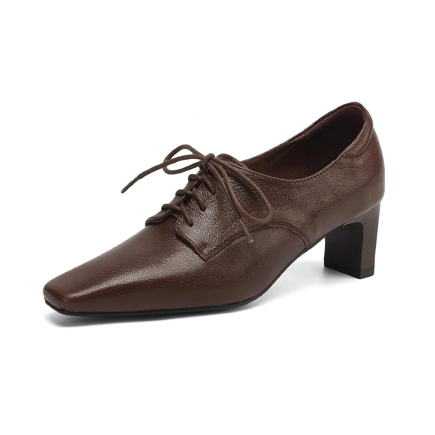 Women's Retro Sheepskin Oxfords Vintage Square Toe Lace-up Block High Heel Pumps
