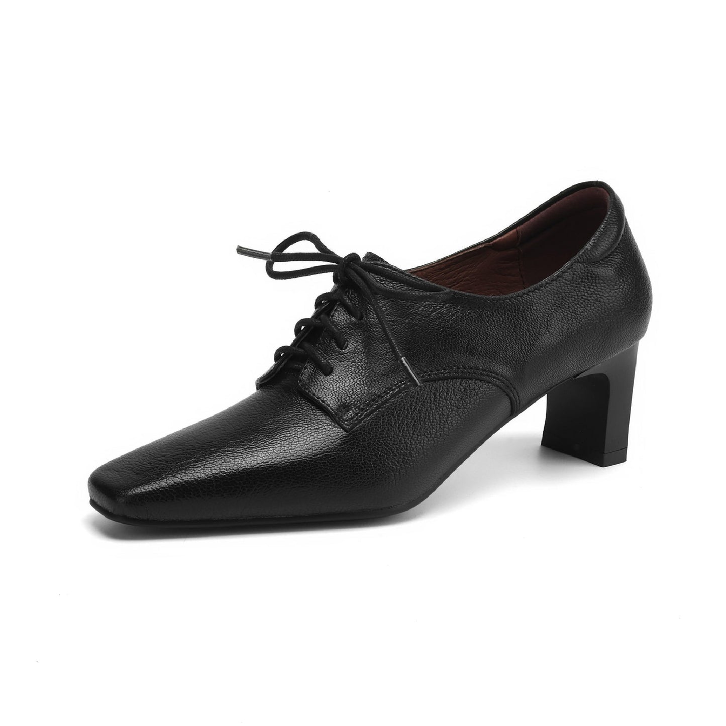 Women's Retro Sheepskin Oxfords Vintage Square Toe Lace-up Block High Heel Pumps
