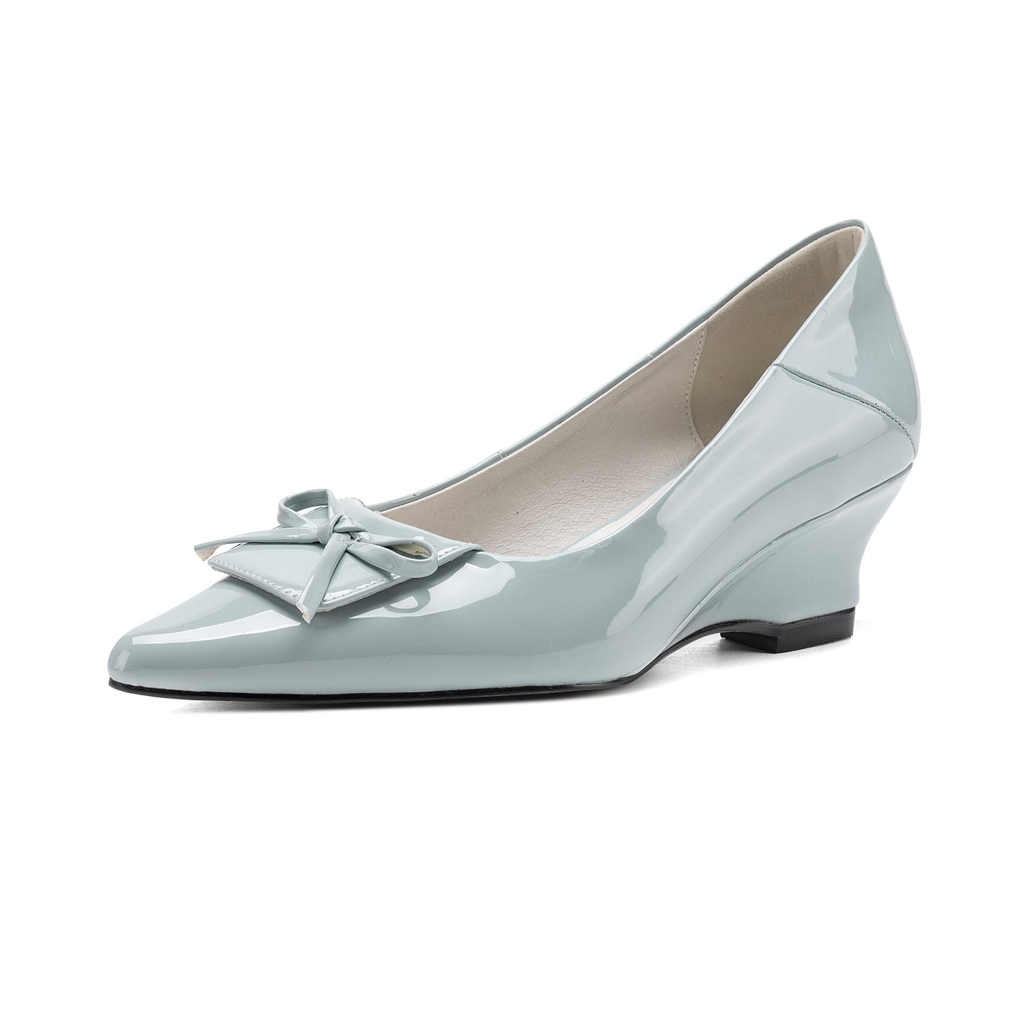 Women's Retro Patent Leather Pumps Vintage Pointed Toe Bow Wedge Heels
