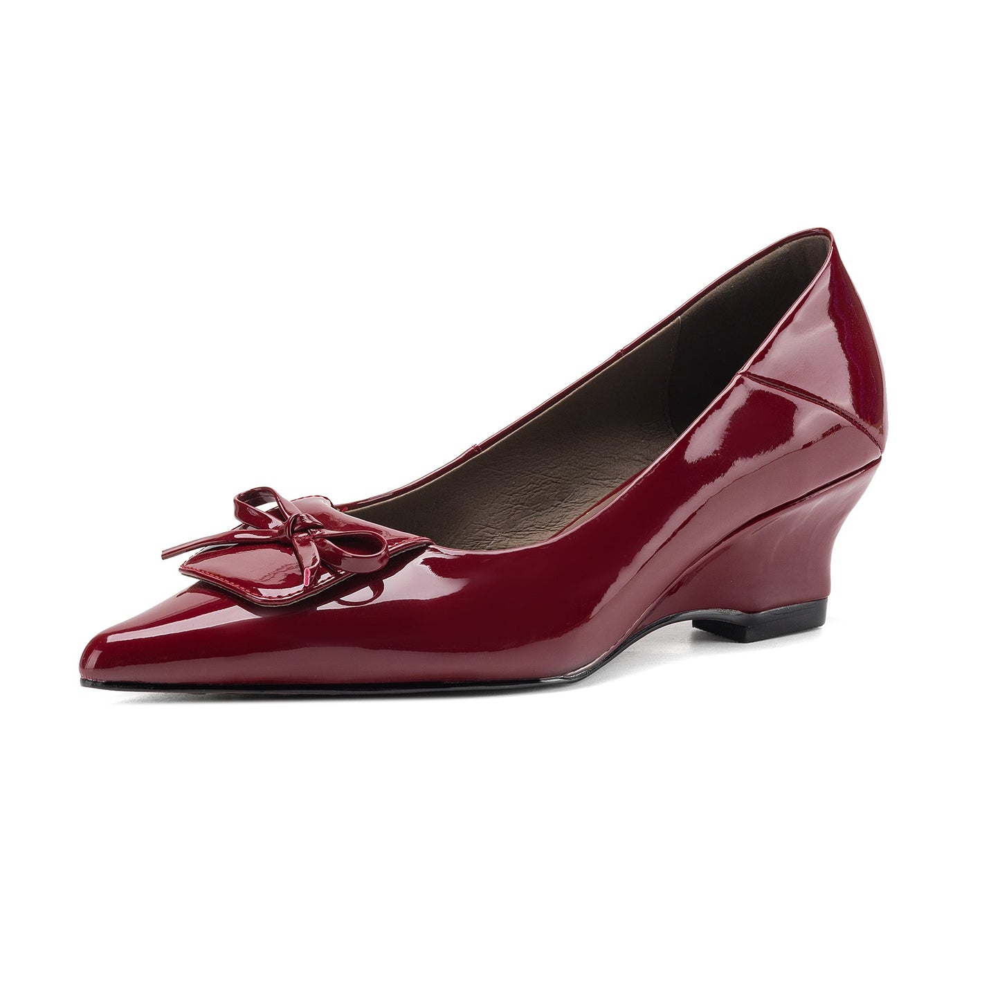 Women's Retro Patent Leather Pumps Vintage Pointed Toe Bow Wedge Heels