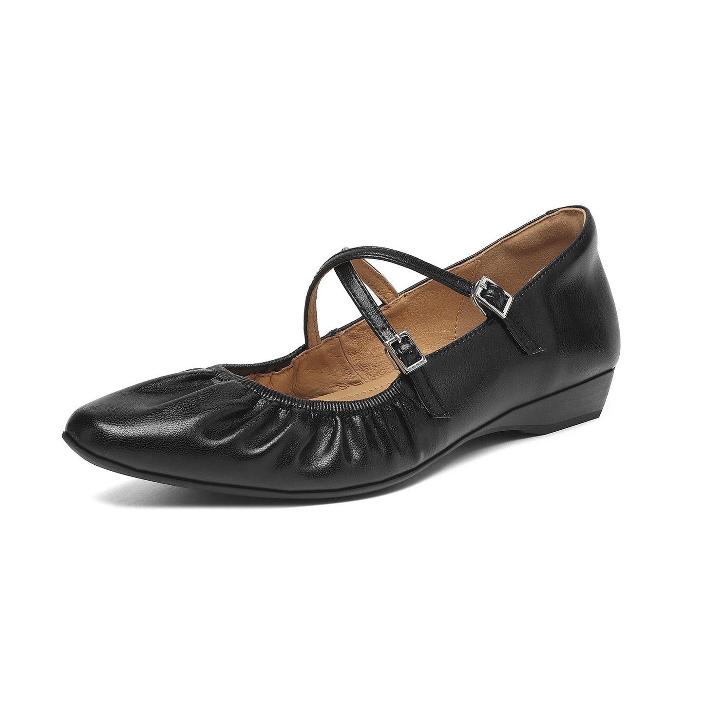 Soft Lambskin Ballet Flats with Pleated Toe - Elegant Cross-Strap Mary Janes