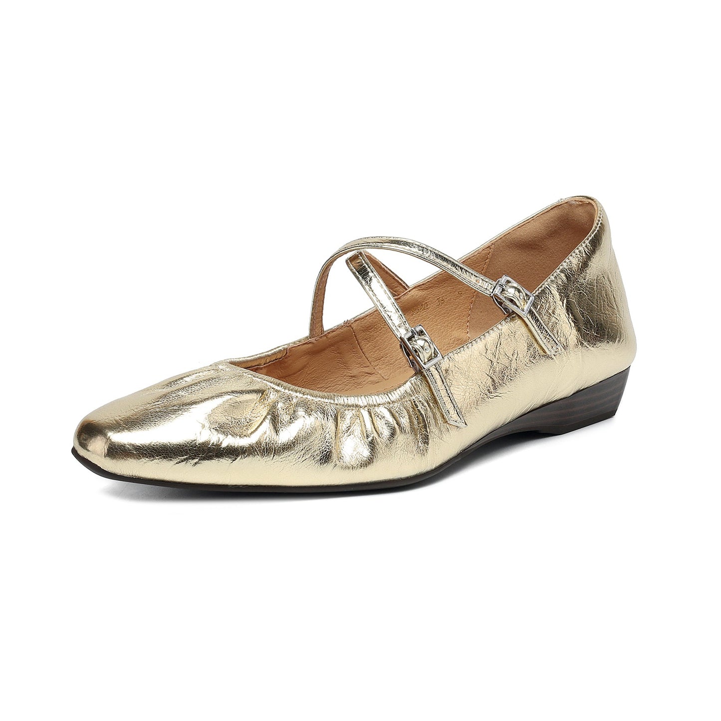 Soft Lambskin Ballet Flats with Pleated Toe - Elegant Cross-Strap Mary Janes